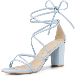 image:imageAllegra K Womens Strappy Lace Up Chunky Heeled Sandals  3 inches Heels Open Toe Faux leather Padded insole for comfort Summer Heel for Women Dress ShoesSky Blue