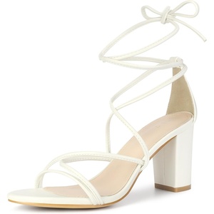 image:imageAllegra K Womens Strappy Lace Up Chunky Heeled Sandals  3 inches Heels Open Toe Faux leather Padded insole for comfort Summer Heel for Women Dress ShoesWhite