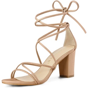 image:imageAllegra K Womens Strappy Lace Up Chunky Heeled Sandals  3 inches Heels Open Toe Faux leather Padded insole for comfort Summer Heel for Women Dress ShoesNude