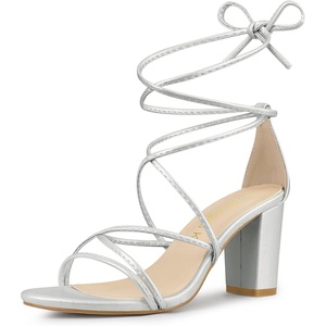 image:imageAllegra K Womens Strappy Lace Up Chunky Heeled Sandals  3 inches Heels Open Toe Faux leather Padded insole for comfort Summer Heel for Women Dress ShoesSilver