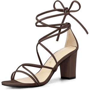 image:imageAllegra K Womens Strappy Lace Up Chunky Heeled Sandals  3 inches Heels Open Toe Faux leather Padded insole for comfort Summer Heel for Women Dress ShoesCoffee