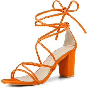 image:imageAllegra K Womens Strappy Lace Up Chunky Heeled Sandals  3 inches Heels Open Toe Faux leather Padded insole for comfort Summer Heel for Women Dress ShoesOrange
