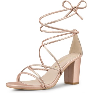 image:imageAllegra K Womens Strappy Lace Up Chunky Heeled Sandals  3 inches Heels Open Toe Faux leather Padded insole for comfort Summer Heel for Women Dress ShoesRose Gold