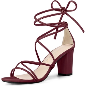 image:imageAllegra K Womens Strappy Lace Up Chunky Heeled Sandals  3 inches Heels Open Toe Faux leather Padded insole for comfort Summer Heel for Women Dress ShoesBurgundy