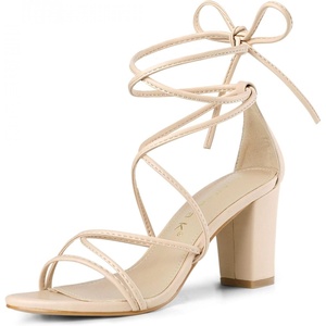 image:imageAllegra K Womens Strappy Lace Up Chunky Heeled Sandals  3 inches Heels Open Toe Faux leather Padded insole for comfort Summer Heel for Women Dress ShoesBeige