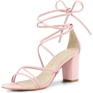 image:imageAllegra K Womens Strappy Lace Up Chunky Heeled Sandals  3 inches Heels Open Toe Faux leather Padded insole for comfort Summer Heel for Women Dress ShoesPink