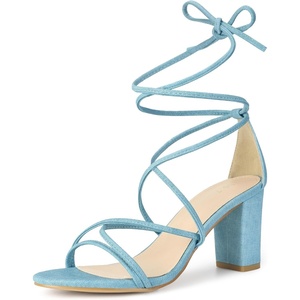 image:imageAllegra K Womens Strappy Lace Up Chunky Heeled Sandals  3 inches Heels Open Toe Faux leather Padded insole for comfort Summer Heel for Women Dress ShoesLight Blue