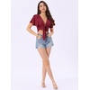image:imageAllegra K Boho Tie Front Crop Top for Womens Sexy Spicy Deep V Neck Tops  Textured Beach Clothing Flowy Bell Sleeve Flare Sleeve Backless Tie Up Closure Short Ruffle SleeveClaret