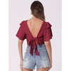 image:imageAllegra K Boho Tie Front Crop Top for Womens Sexy Spicy Deep V Neck Tops  Textured Beach Clothing Flowy Bell Sleeve Flare Sleeve Backless Tie Up Closure Short Ruffle SleeveClaret