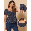 image:imageAllegra K Floral Top for Womens Sweetheart Neck Shirred Ruffle Peplum Tops  Sweetheart Neck Puff Short Sleeve Floral Pattern Smocked Bust and Shoulder Ruffled Hem Peplum TopDark Blue