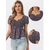 image:imageAllegra K Floral Top for Womens Sweetheart Neck Shirred Ruffle Peplum Tops  Sweetheart Neck Puff Short Sleeve Floral Pattern Smocked Bust and Shoulder Ruffled Hem Peplum TopCoffee