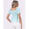 image:imageAllegra K Floral Top for Womens Sweetheart Neck Shirred Ruffle Peplum Tops  Sweetheart Neck Puff Short Sleeve Floral Pattern Smocked Bust and Shoulder Ruffled Hem Peplum TopBlue Green