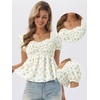 image:imageAllegra K Floral Top for Womens Sweetheart Neck Shirred Ruffle Peplum Tops  Sweetheart Neck Puff Short Sleeve Floral Pattern Smocked Bust and Shoulder Ruffled Hem Peplum TopBeige