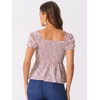 image:imageAllegra K Floral Top for Womens Sweetheart Neck Shirred Ruffle Peplum Tops  Sweetheart Neck Puff Short Sleeve Floral Pattern Smocked Bust and Shoulder Ruffled Hem Peplum TopPink