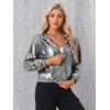 image:imageAllegra K Womens Holographic Shiny Zipper Hooded Metallic Jackets  Special material for special occasions Elastic trim with shimmer Trendy for club holidayDark Silver
