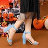 image:imageAllegra K Womens Open Toe Chunky High Heel Buckle Ankle Strap Sandals  3 38 inches Heels with Faux Suede Comfortable Block Heels Sandal for Women Summer Dressy ShoesSky Blue