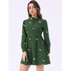 image:imageAllegra K Womens Shirt Dress A Line Embroidered Floral Mini Dresses  Casual Collar Long Sleeve Button Down Half Placket Invisible Zipper Knee LengthGreen