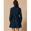 image:imageAllegra K Womens Shirt Dress A Line Embroidered Floral Mini Dresses  Casual Collar Long Sleeve Button Down Half Placket Invisible Zipper Knee LengthNavy Blue