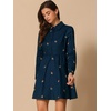 image:imageAllegra K Womens Shirt Dress A Line Embroidered Floral Mini Dresses  Casual Collar Long Sleeve Button Down Half Placket Invisible Zipper Knee LengthNavy Blue