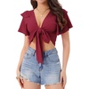 image:imageAllegra K Boho Tie Front Crop Top for Womens Sexy Spicy Deep V Neck Tops  Textured Beach Clothing Flowy Bell Sleeve Flare Sleeve Backless Tie Up Closure Short Ruffle SleeveClaret