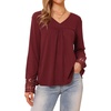 image:imageAllegra K Women Casual Fall Lace Long Sleeve V Neck Tunic Blouse  Classic design with trendy style Suitable for daily wear yoga travel Versatile for all seasonsWine Red
