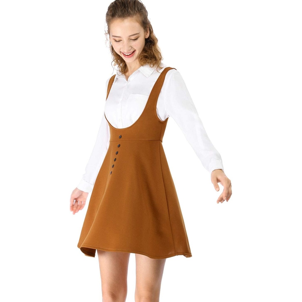 image:imageAllegra K Women Cottagecore Button Front Spaghetti Strap Pinafore DressBrown