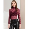 image:imageAllegra K Womens Floral Lace Long Sleeve Mock Neck Sheer BlouseBurgundy