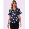 image:imageAllegra K Women 2026 Summer Floral Short Sleeve Wrap Peplum TopNavy Blue