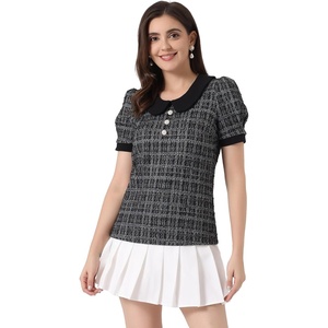 image:imageAllegra K Puff Sleeve Tops for Womens Vintage Tweed Peter Pan Collar ShirtBlack
