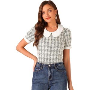 image:imageAllegra K Puff Sleeve Tops for Womens Vintage Tweed Peter Pan Collar ShirtBlack White
