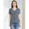 image:imageAllegra K Women Chiffon Floral Button Front Puff Short Sleeves BlouseNavy Blue
