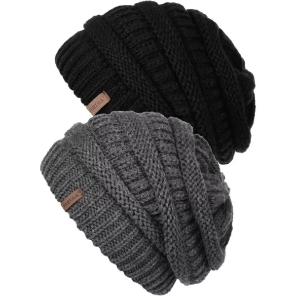 FURTALK Knit Beanie Hats for Women Men Fleece Lined Ski Skull Cap Slouchy Winter Hat 2PCS