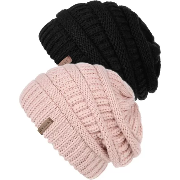 FURTALK Knit Beanie Hats for Women Men Fleece Lined Ski Skull Cap Slouchy Winter Hat 2PCS