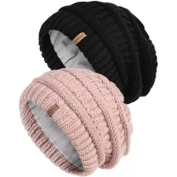 FURTALK Knit Beanie Hats for Women Men Fleece Lined Ski Skull Cap Slouchy Winter Hat 2PCS