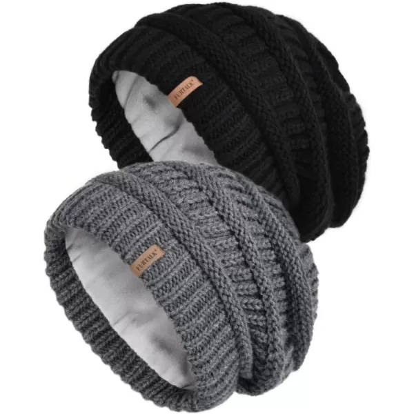 FURTALK Knit Beanie Hats for Women Men Fleece Lined Ski Skull Cap Slouchy Winter Hat 2PCS