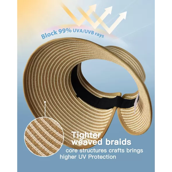 FURTALK Sun Visor Hats for Women Wide Brim Straw Roll-Up Ponytail Summer Beach Hat UV UPF Packable Foldable Travel