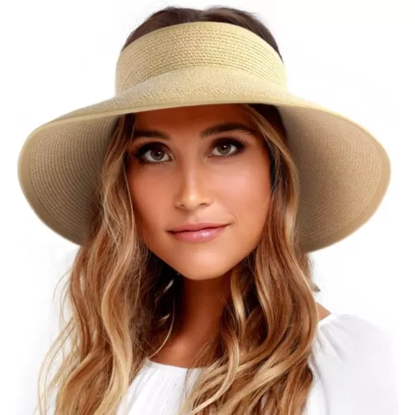 FURTALK Sun Visor Hats for Women Wide Brim Straw Roll-Up Ponytail Summer Beach Hat UV UPF Packable Foldable Travel
