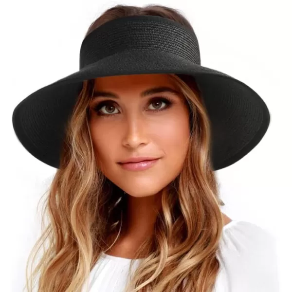 FURTALK Sun Visor Hats for Women Wide Brim Straw Roll-Up Ponytail Summer Beach Hat UV UPF Packable Foldable Travel