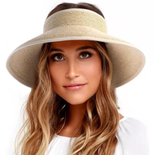 FURTALK Sun Visor Hats for Women Wide Brim Straw Roll-Up Ponytail Summer Beach Hat UV UPF Packable Foldable Travel
