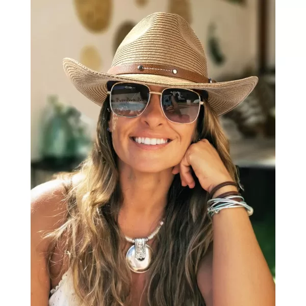 FURTALK Straw Cowboy Sun Hats for Women Men Western Cowgirl Hats with Wind Lanyard UPF 50+ Beach Hat