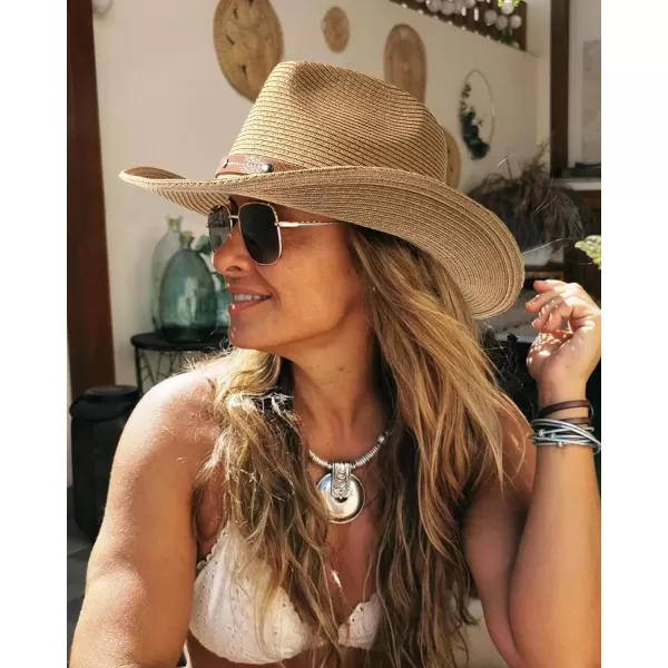 FURTALK Straw Cowboy Sun Hats for Women Men Western Cowgirl Hats with Wind Lanyard UPF 50+ Beach Hat
