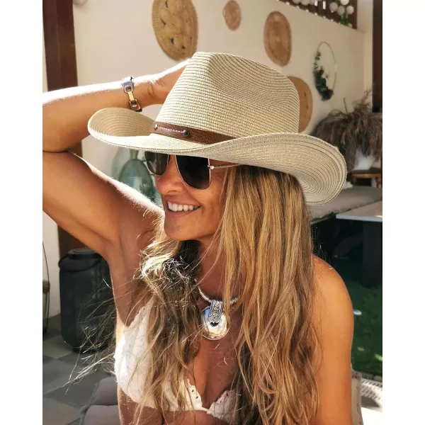FURTALK Straw Cowboy Sun Hats for Women Men Western Cowgirl Hats with Wind Lanyard UPF 50+ Beach Hat