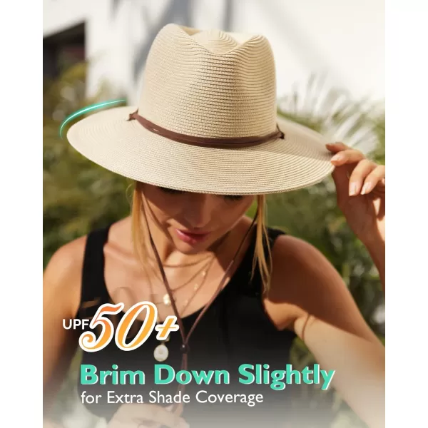 FURTALK Womens Summer Straw Sun Hats Wide Brim Panama Fedora Beach Hat with Wind Lanyard UPF 50+