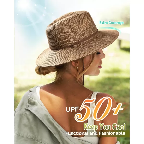 FURTALK Womens Summer Straw Sun Hats Wide Brim Panama Fedora Beach Hat with Wind Lanyard UPF 50+