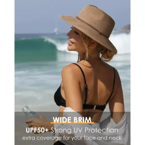 FURTALK Womens Summer Straw Sun Hats Wide Brim Panama Fedora Beach Hat with Wind Lanyard UPF 50+