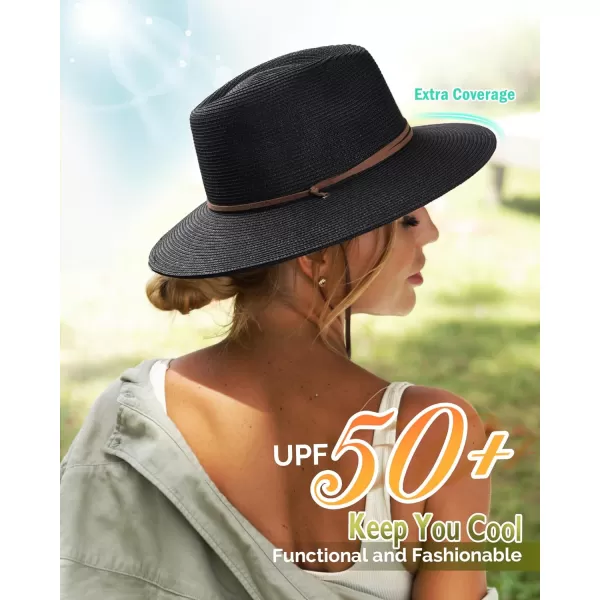FURTALK Womens Summer Straw Sun Hats Wide Brim Panama Fedora Beach Hat with Wind Lanyard UPF 50+
