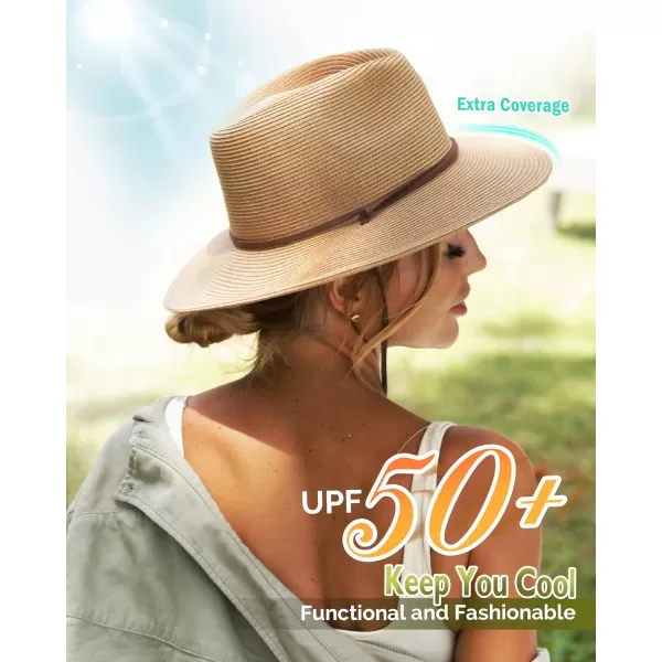 FURTALK Womens Summer Straw Sun Hats Wide Brim Panama Fedora Beach Hat with Wind Lanyard UPF 50+
