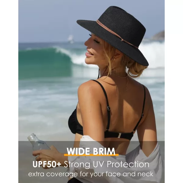 FURTALK Womens Summer Straw Sun Hats Wide Brim Panama Fedora Beach Hat with Wind Lanyard UPF 50+