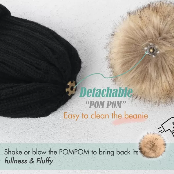 FURTALK Womens Winter Beanie Hat Satin Lined Faux Fur Pom Pom Beanies Hat for Women Winter Warm Knit Hats