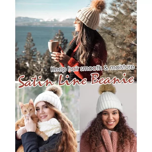 FURTALK Womens Winter Beanie Hat Satin Lined Faux Fur Pom Pom Beanies Hat for Women Winter Warm Knit Hats